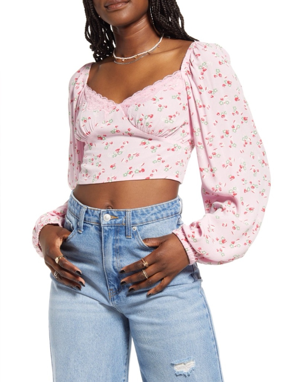 BP Floral Lace-Trim Pink Cropped Long-Sleeve Top